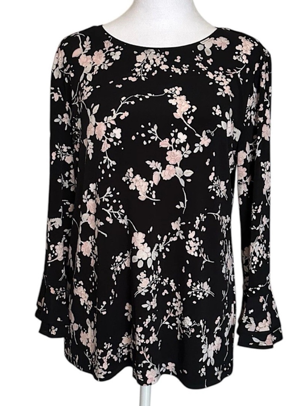 Karl Lagerfeld Women’s Top Bell Sleeve Size M Ruffle Black Pink Floral Stretch
